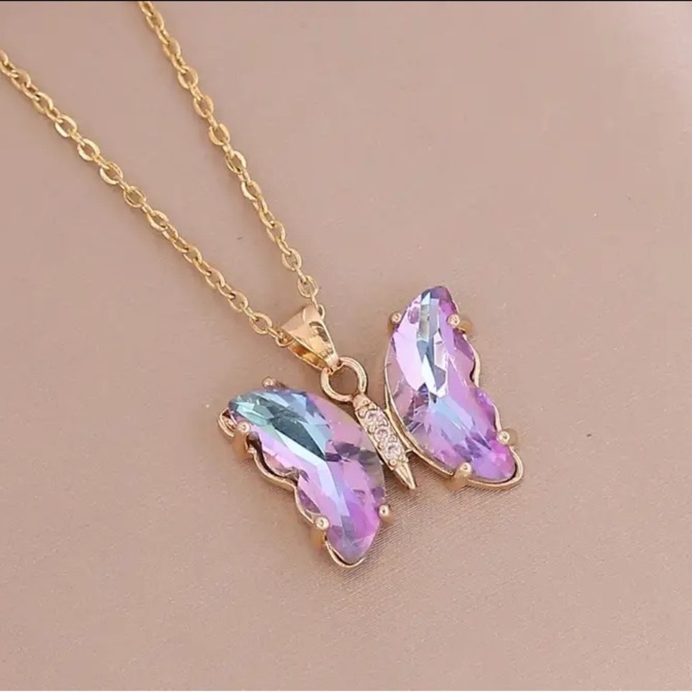 Gold Purple Pink Crystal Butterfly Titanium Necklace